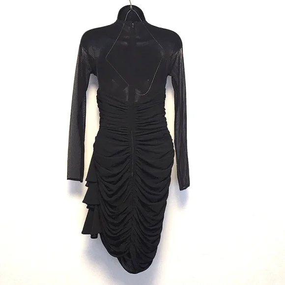 VINTAGE TADASHI Black Ruched Dress w/ Mesh Neckline, Shoulders & Long Sleeves, 4 - Picture 2 of 4